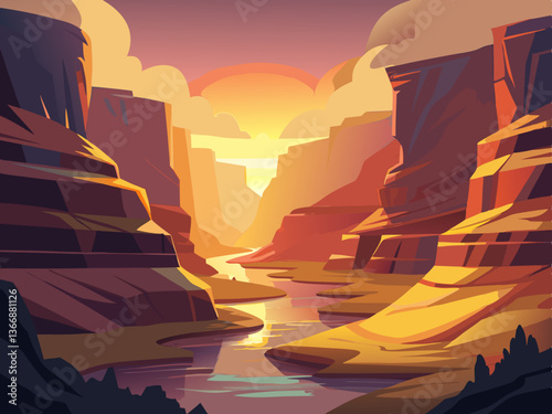 colorful illustration of a sandstone canyon rock cliff and sunset