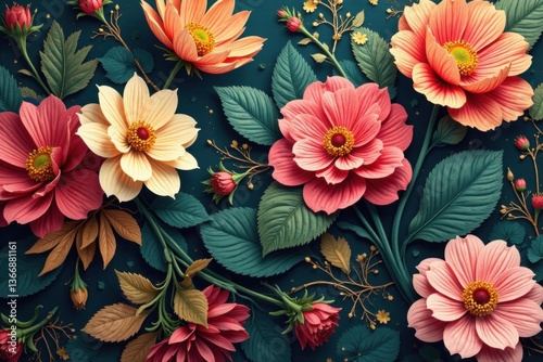 Intricate floral pattern with gold accents and colorful blooms on a large scale background, royal, patterns, gold