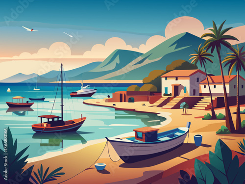 colorful illustration of a sandy coastline with fishing boat