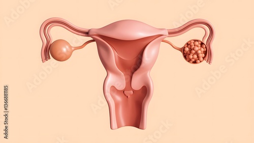 Detailed illustration of human female reproductive system highlighting ovaries, uterus, and fallopian tubes