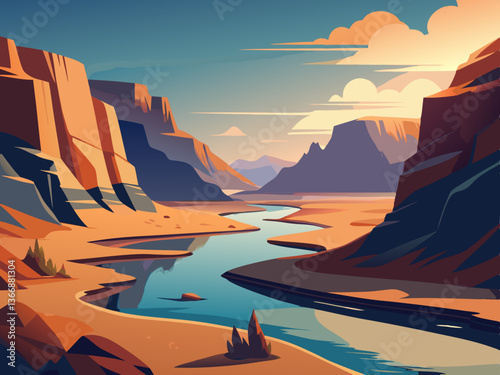 colorful illustration of a serene river running through a barren desert