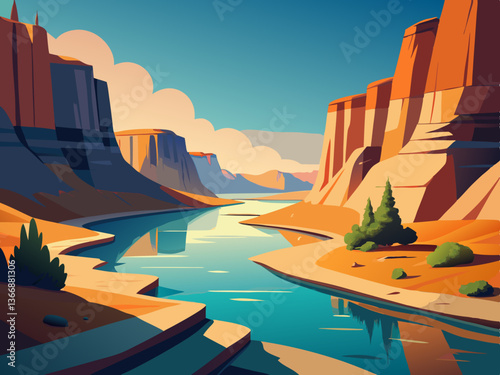 colorful illustration of a serene river running through a barren desert