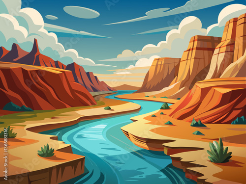 colorful illustration of a serene river running through a barren desert