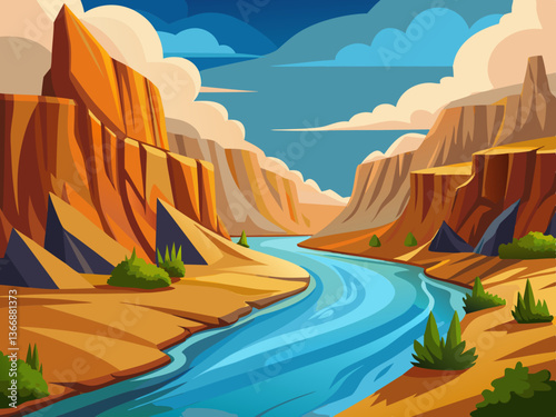 colorful illustration of a serene river running through a barren desert