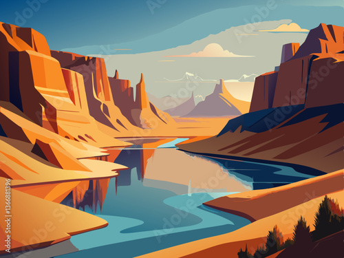 colorful illustration of a serene river running through a barren desert