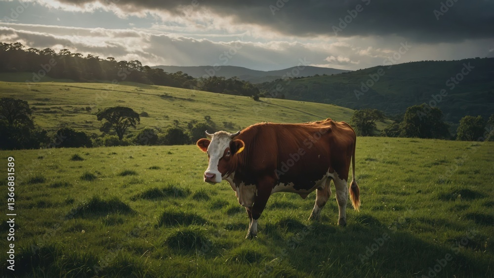 Cow standing in green pasture with scenic hills and sky Cow standing in green pasture with scenic hills and sky