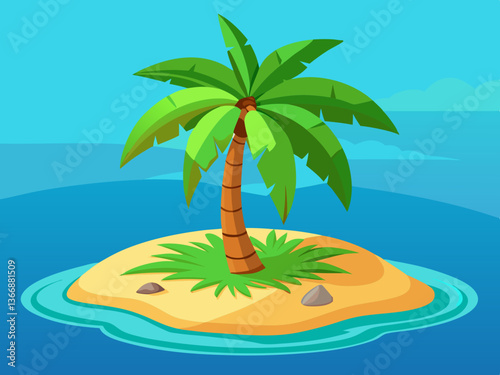 colorful illustration of a small desert island with single palm tree