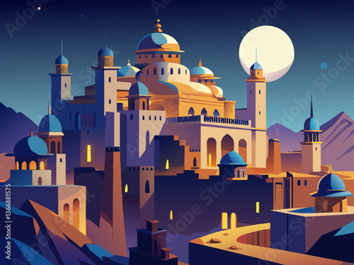 colorful illustration of a middle east city with domes and towers night view
