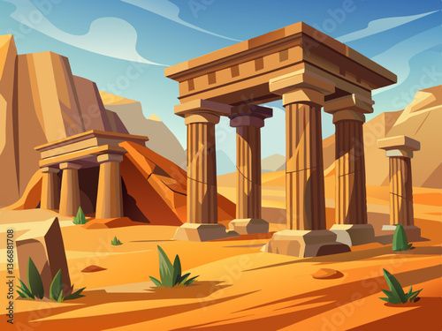 colorful illustration of a temple ruin in the desert