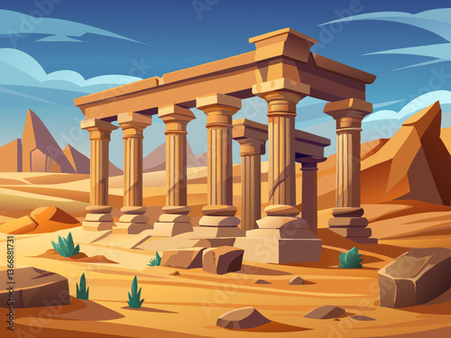 colorful illustration of a temple ruin in the desert