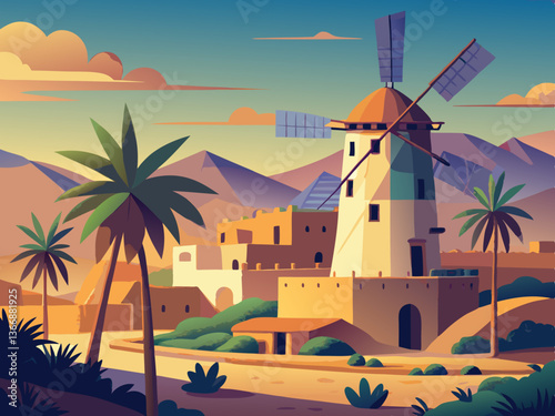 colorful illustration of a traditional windmill in the middle east village