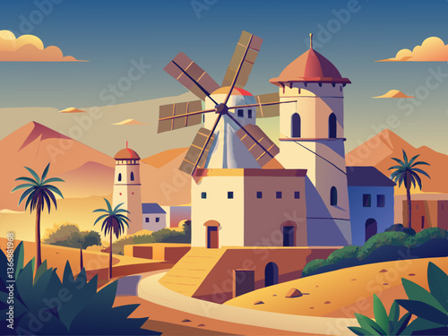 colorful illustration of a traditional windmill in the middle east village