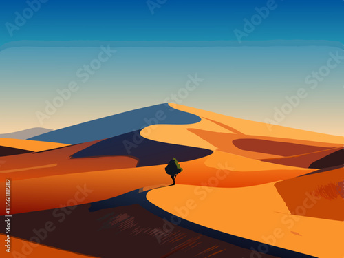 colorful illustration of a vast plain of sand dunes with single tree