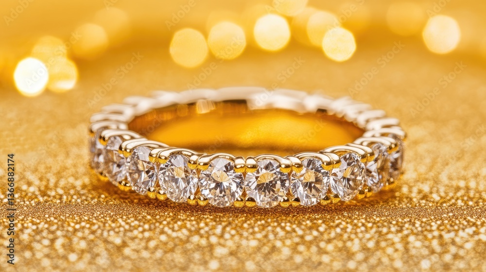 A perfectly circular eternity ring in gold, encrusted with diamonds, resting on a golden satin background. A perfectly circular eternity ring in gold, encrusted with diamonds, resting on a golden satin background.