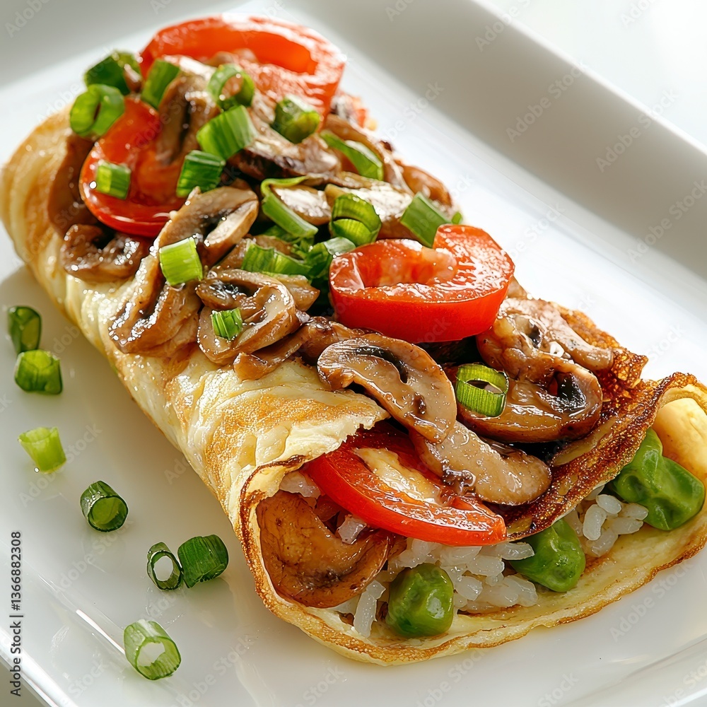 Delicious Omelette with Mushrooms, Rice, and Tomatoes. Delicious Omelette with Mushrooms, Rice, and Tomatoes.