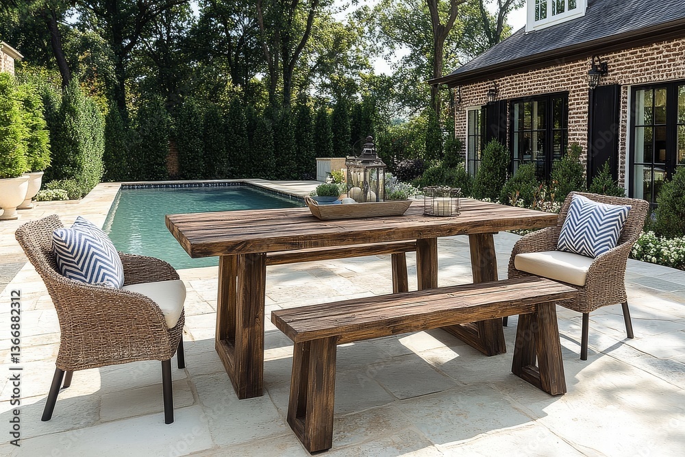 Outdoor dining set with two cushioned chairs and a bench, natural acacia wood, blue chevron wicker cushions, black metal frame, rectangular tabletop, poolside setting. Outdoor dining set with two cushioned chairs and a bench, natural acacia wood, blue chevron wicker cushions, black metal frame, rectangular tabletop, poolside setting.