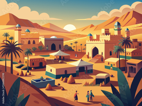 colorful illustration of a bustling desert caravanserai