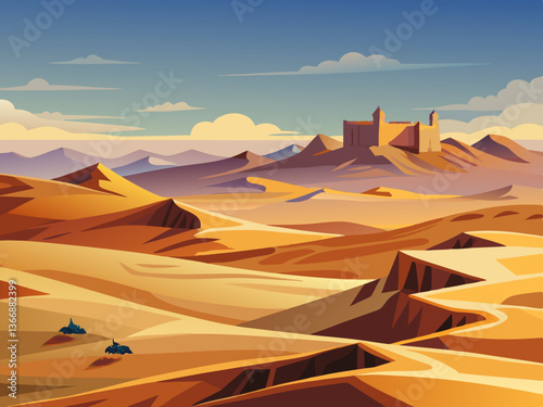 colorful illustration of a vast desert with plateau