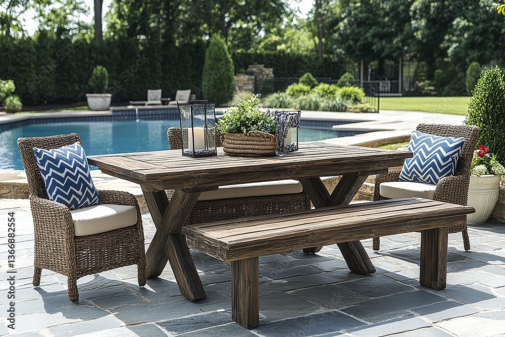 Outdoor dining set with two cushioned chairs and a bench, natural acacia wood, blue chevron wicker cushions, black metal frame, rectangular tabletop, poolside setting. Outdoor dining set with two cushioned chairs and a bench, natural acacia wood, blue chevron wicker cushions, black metal frame, rectangular tabletop, poolside setting.