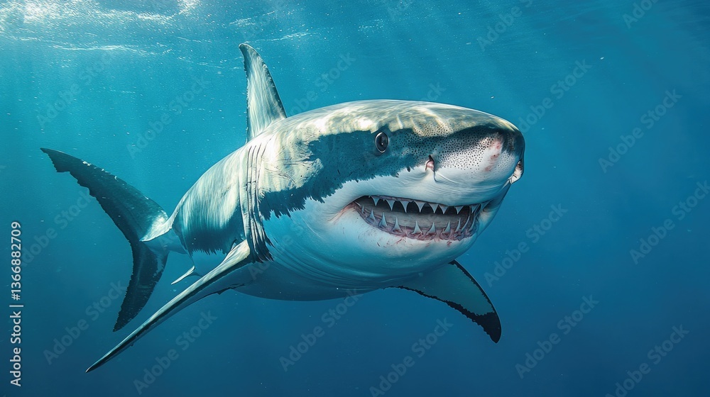 Fototapeta premium A powerful great white shark swimming forward with its jaws fully extended, showing rows of fierce teeth.