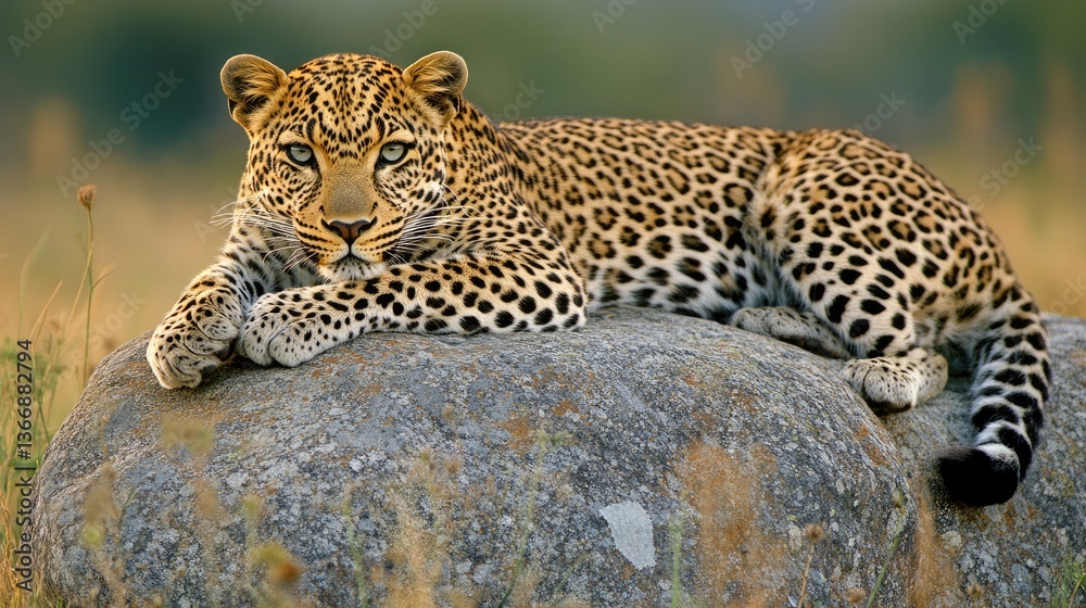 Naklejka premium A powerful leopard rests on a warm rock, its gaze intense and unwavering as it watches over its vast kingdom.