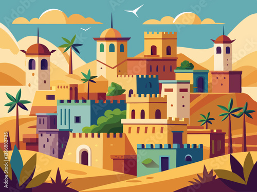 colorful illustration of traditional middle east village