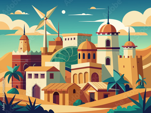 colorful illustration of traditional middle east village