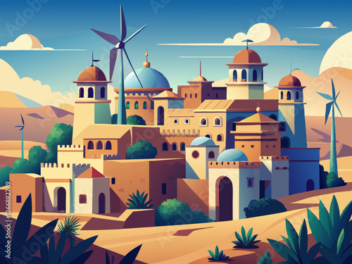 colorful illustration of traditional middle east village