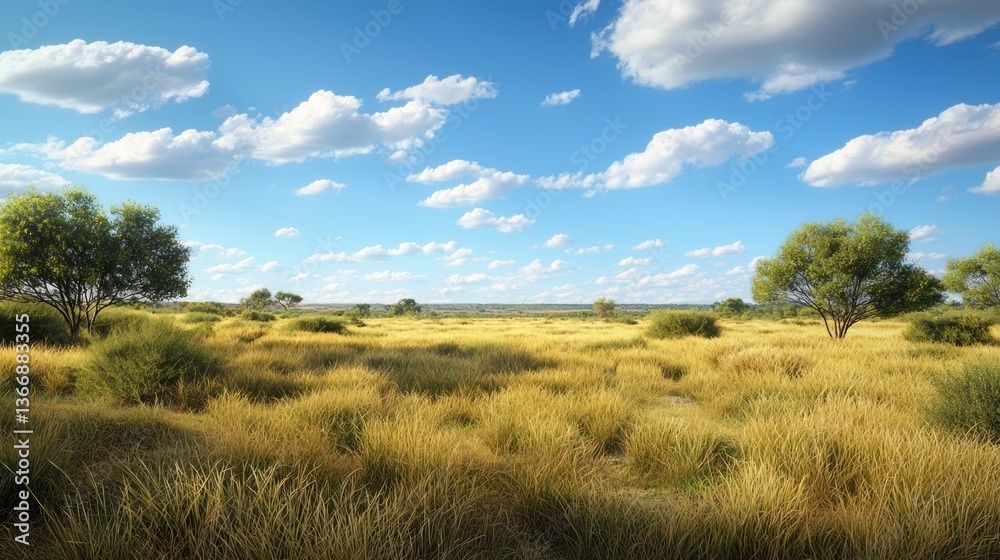 A vast savannah with tall grasses and acacia trees under a wide, open sky. A vast savannah with tall grasses and acacia trees under a wide, open sky.