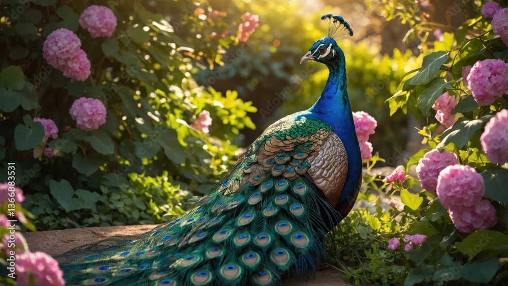Fototapeta premium Peacock Standing Tall in Lush Garden with Blooming Pink Hydrangeas