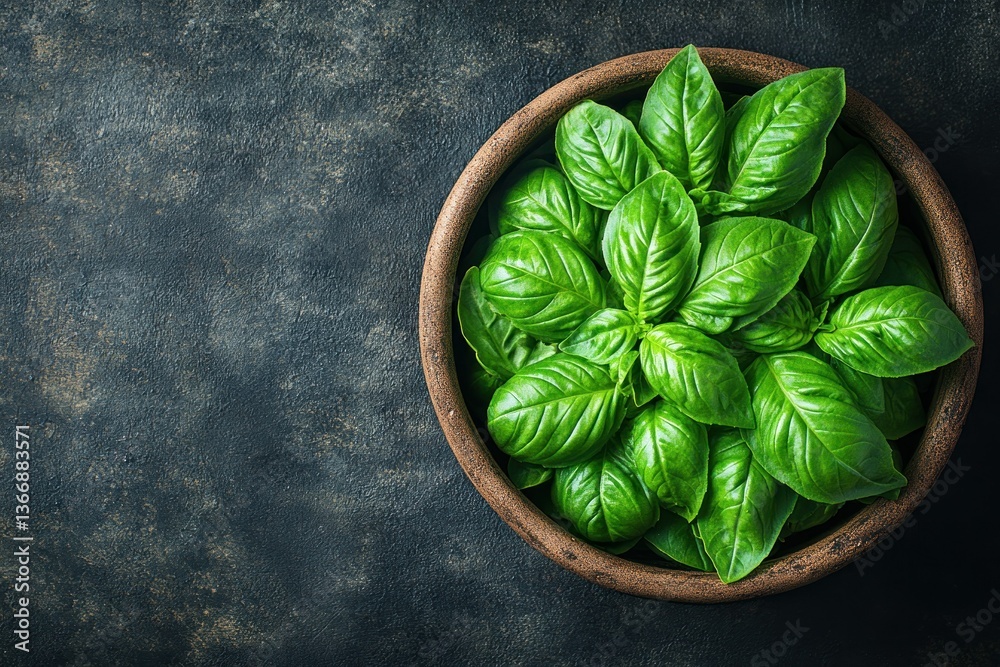 Fresh Basil Leaves in a Wooden Bowl on Dark Surface for Culinary Use