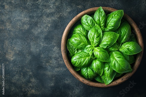 Obraz na płótnie Fresh Basil Leaves in a Wooden Bowl on Dark Surface for Culinary Use w salonie