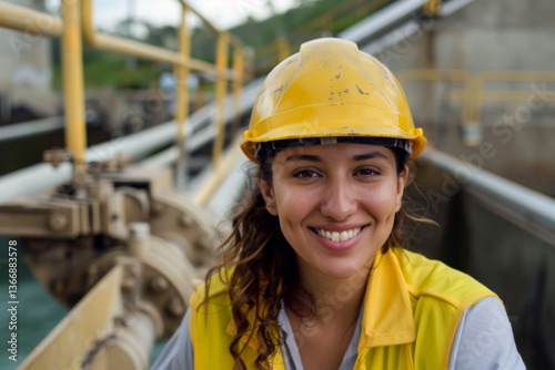 Portrait of a smiling young Hispanic female engineer at hydroelectric plant