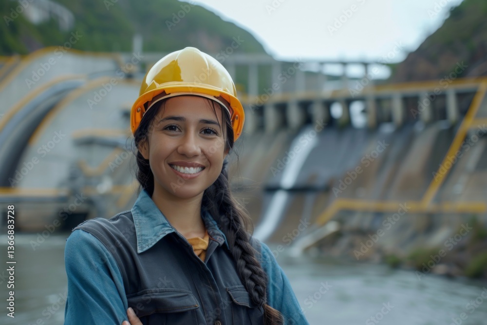 Portrait of a smiling young Hispanic female engineer at hydroelectric plant