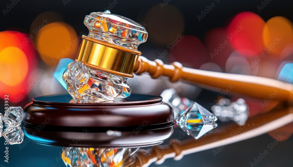 Elegant wooden gavel resting on reflective surface with sparkling crystals nearby