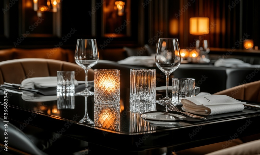 Elegant Table Setting with Candlelight in Upscale Restaurant Interior Atmosphere