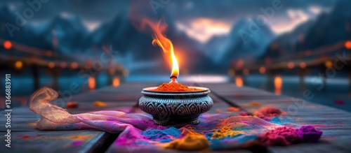 Colorful Diya on Decorative Plate Surrounded by Holi Colors and Mountain View