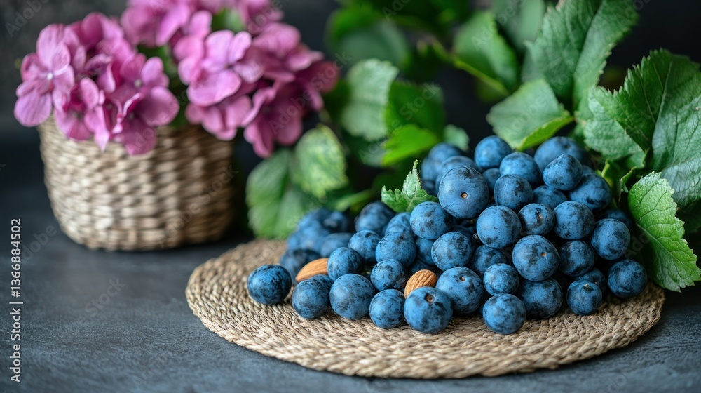 Fresh Blueberries with Green Leaves and Pink Flowers on a Natural Table Mat