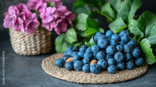Obraz na płótnie Fresh Blueberries with Green Leaves and Pink Flowers on a Natural Table Mat w salonie