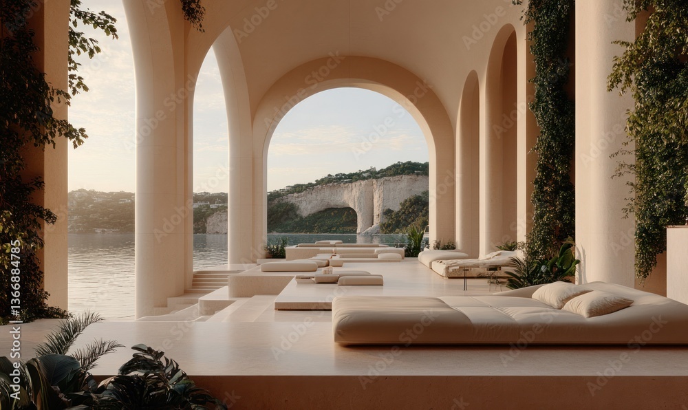 Serene Architectural Oasis with Arched Doorways and Scenic Water View