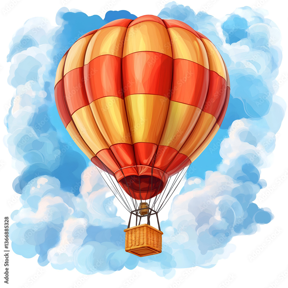Naklejka premium Hot Air Balloon Floating in Blue Sky with Artistic Cloud Background, Nature and Environment Concept