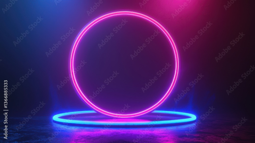 Obraz premium 3d render, blue pink neon round frame, circle, ring shape, empty space, ultraviolet light, 80's retro style, fashion show stage, abstract background.