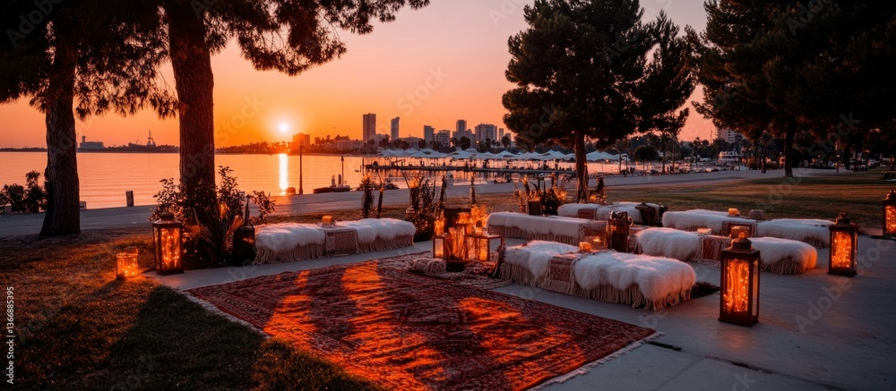 Cozy Outdoor Evening Setup by the Waterfront with Sunset and Urban Skyline View