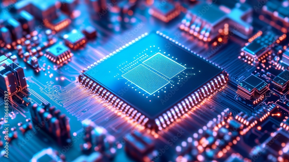 Obraz premium A semiconductor researcher designing chips for edge computing in smart cities, futuristic smart city lab with high-tech equipment, High-tech style