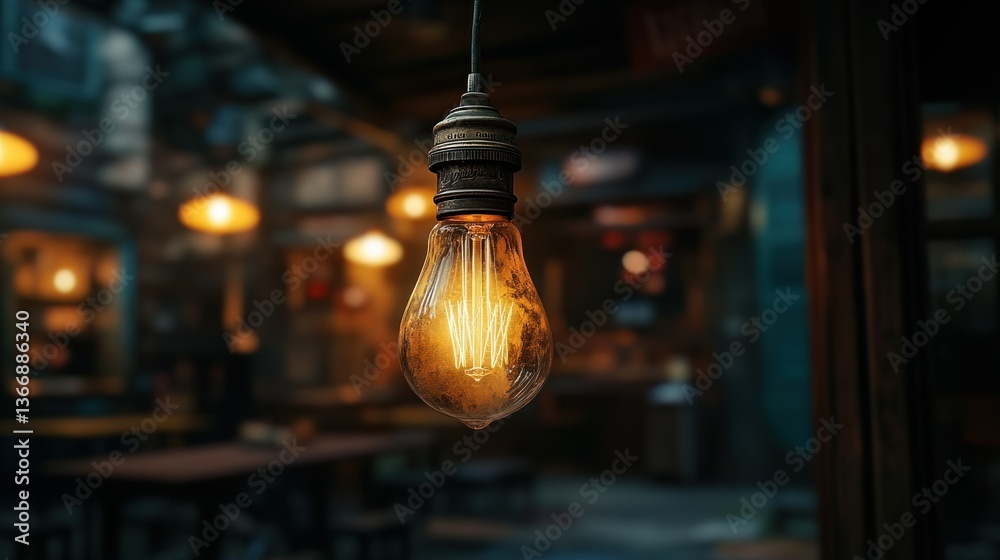 Vintage Light Bulb Hanging in a Cozy Cafe with Warm Atmosphere