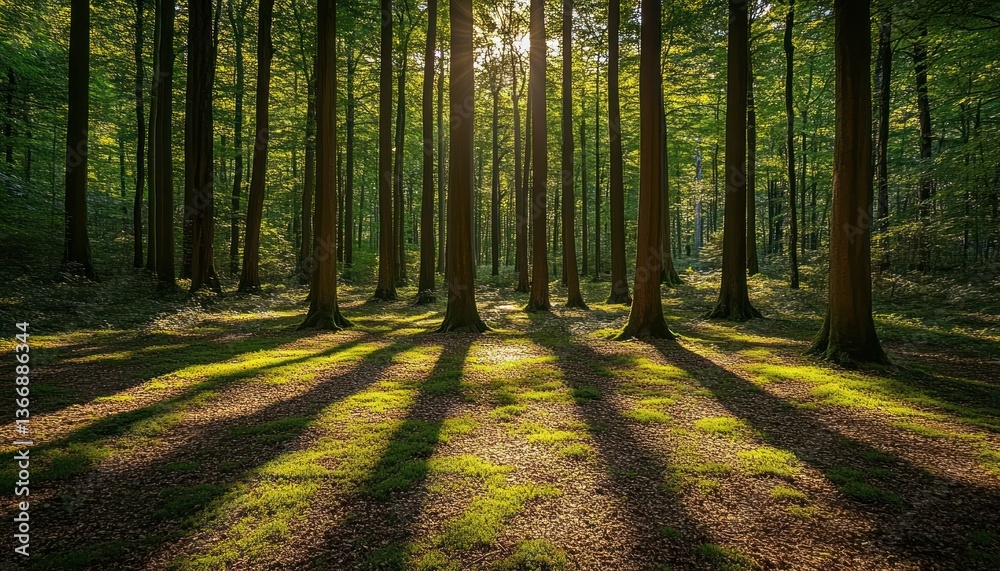 Sunlight Filtering Through Trees in a Dense Green Forest Setting