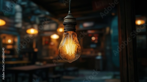 Obraz na płótnie Vintage Light Bulb Hanging in a Cozy Cafe with Warm Atmosphere w salonie