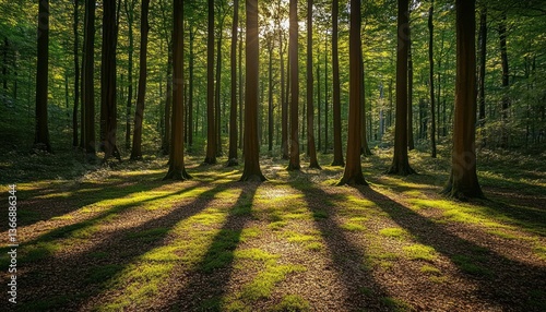 Obraz na płótnie Sunlight Filtering Through Trees in a Dense Green Forest Setting w salonie