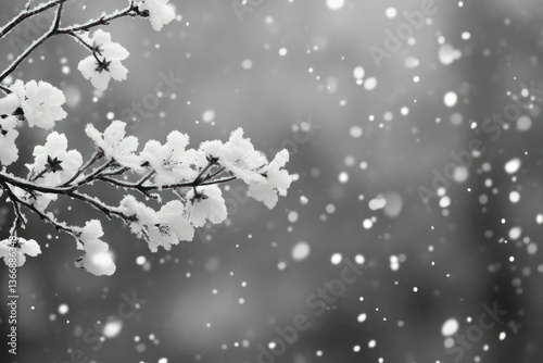 Snowy Branch with Delicate Blossoms in a Black and White Winter Scene