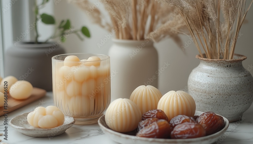 Elegant Arrangement of Soft Desserts and Dried Fruits on a Table